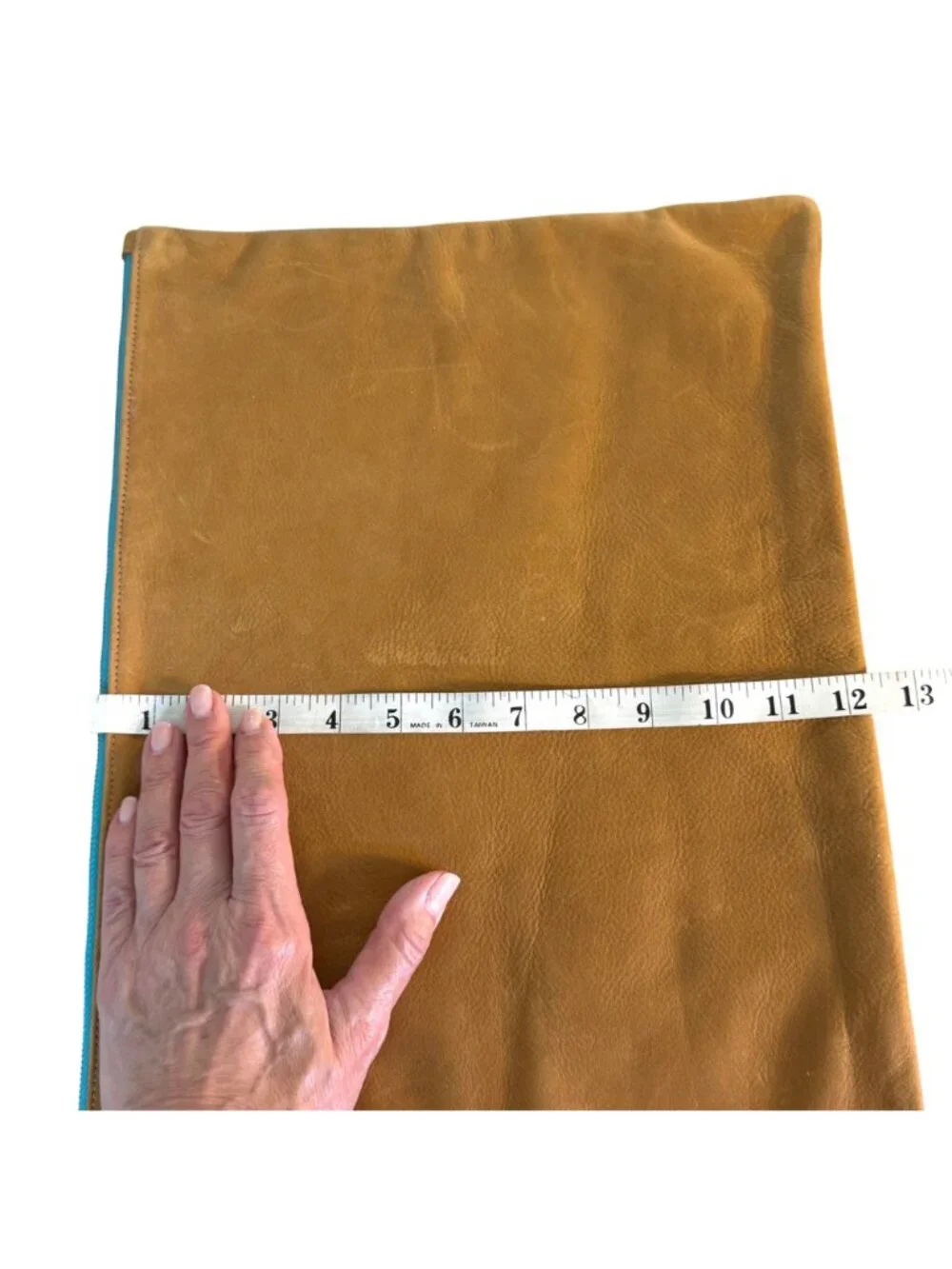 Clare V. Clare Vivier XL Leather Foldover Clutch Tan Turquoise Mint Inside EUC